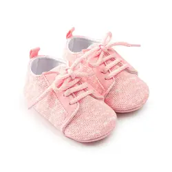 Розовые туфли для новорожденных Для девочек первые ходунки обувь кроссовки Нескользящие обувь для малышей модные на шнуровке Bebe детская