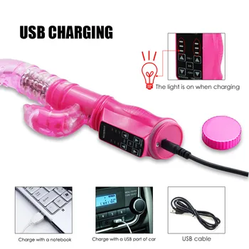 G Spot Dildo Rabbit Vibrator Masturbator Rechargeable Rotation 12 Speeds Double Vibrating Vagina Vibe Adult Sex Toys for Women 5