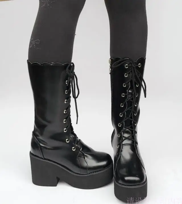 Womens-Winter-Motorcycle-High-Platform-Boots-Lace-up-Mid-Calf-Martin-Boots-with-Side-Zip- 3