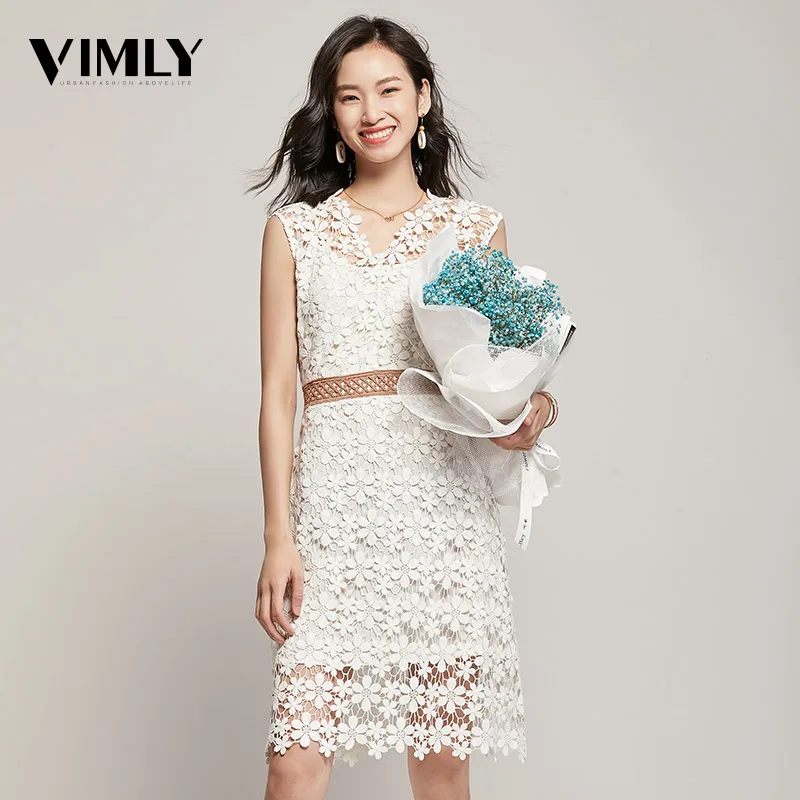 

Vimly Elegant Lace Sleeveless Dress Women Hollow Out Embroider Slim Dresses Female Evening Party A Line Dress Sweet Style