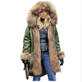 

Korean 2017 Women's Luxury Large Raccoon Fur Collar Cuff Hooded Coat Detachable Rabbit Lining Parkas Outwear Long Winter Jacket
