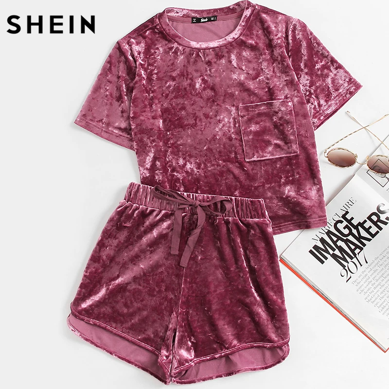 Buy SHEIN Women Two Piece Outfits Purple Short Sleeve