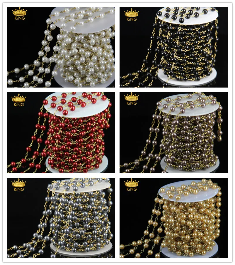 Wholesale Rosary Chain Round Glass Pearl Craft Handmade Beads Bronze Plated Wire Wrapped Connector Chain Necklace