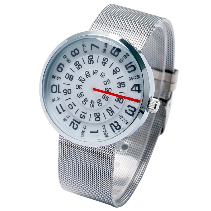

Casual Turntable Design Fashion Quartz Watches Silver Stainless Steel Mesh Belt Wrist Watch Men Women Clock Gift Bracelet