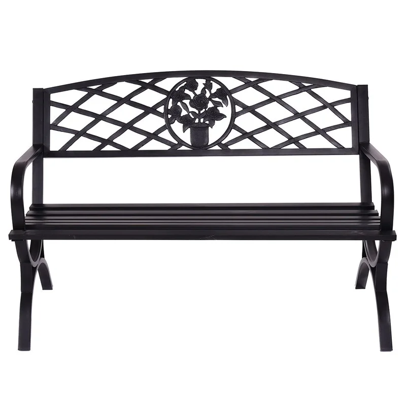 

50 inch Patio Black Decent Garden Bench Steel Frame Park Courtyard Leisure Outsoor Benches Seating Set for 3 Persons OP3139