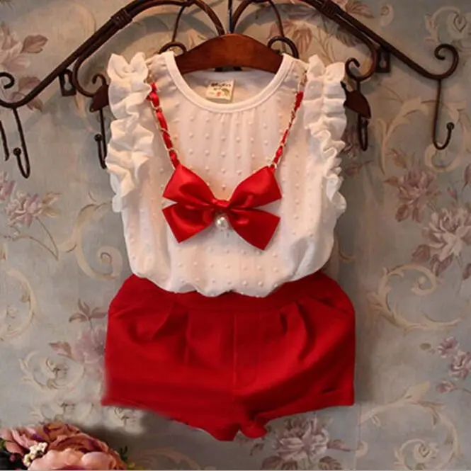 

retail 2015 girl summer sets Fashion Raglan Sleeve O-neck top tees with red bow necklace + red shorts 2pcs Girls clothing set
