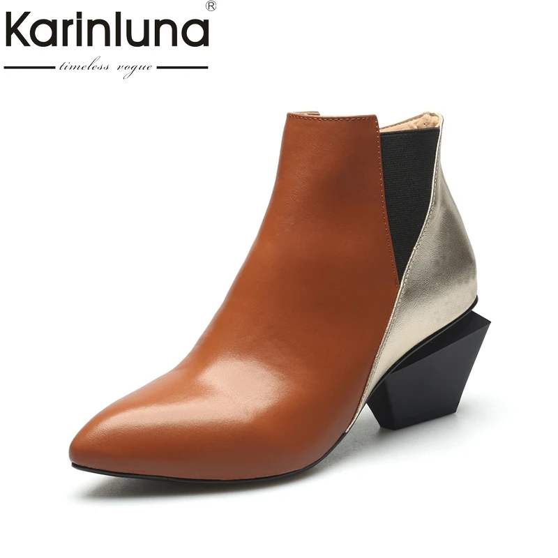 

KarinLuna new Fashion plus sizes 33-43 genuine leather square heels women shoes woman sexy pointed toe ankle boots
