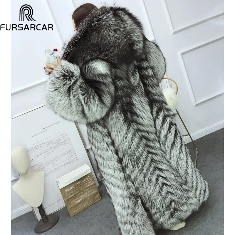 FURSARCAR из целых шкурок русский меха черно бурой лисицы пальто для женщин супер
