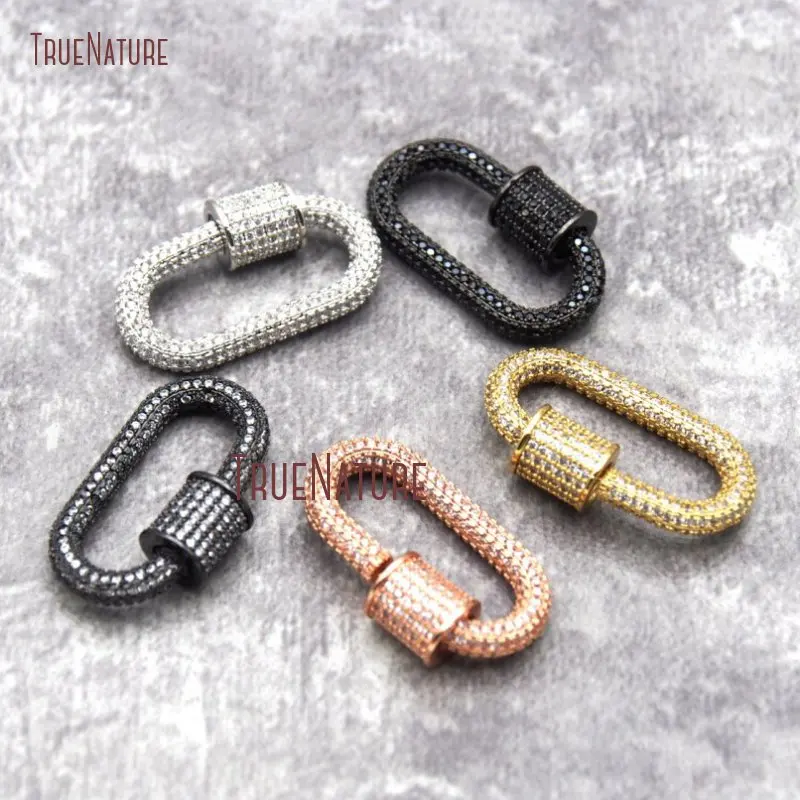 Gold Carabiner Screw Lock, CZ Oval Clasps in Silver Bracelet