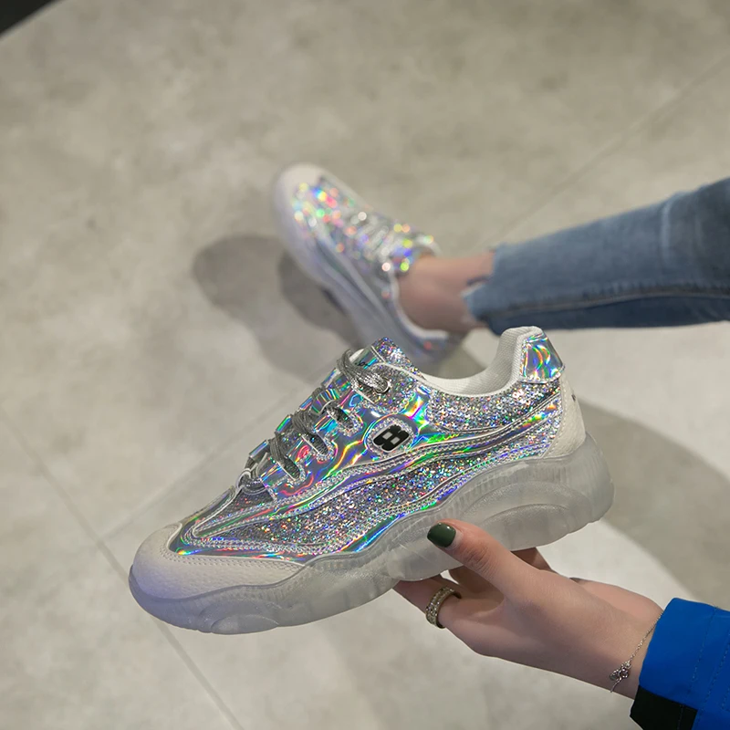 

2019Spring New Chunky Sneakers Harajuku Casual Dad Shoes Platform Sneakers Transparent Jelly Sole Breathable Mesh Bling Sneakers