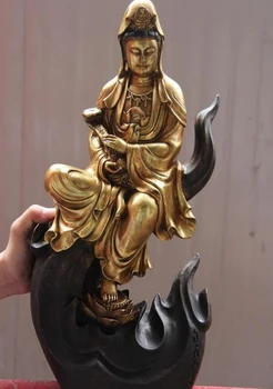 

USPS to USA S1005 Bronze Copper Gild lotus flower Ruyi freedom Kwan-yin Guan yin Goddess Statue
