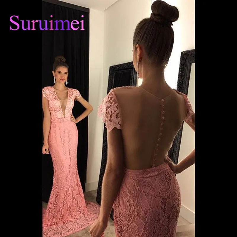 

New Arrival Sexy Vestido De Festa V-neck Lace Prom Dresses 2018 Applique Sheer Back Long Evening Party Dresses Vestido Formatura