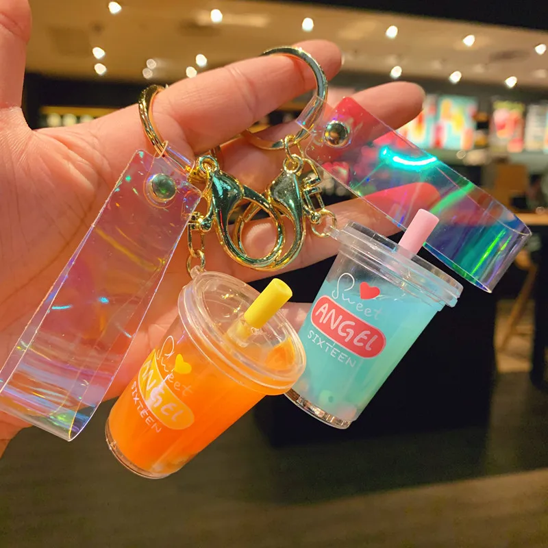 

Cute New Simulation Soft Drink Keychain Tapioca tea Beverage Bubble Tea Acrylic Moving Liquid oil Drop decompression Jewelry