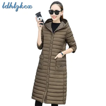 

Winter Coat Women Black Plus Size Light Thin Hooded Parkas 2018 Autumn Europe America Office Loose X-Long Slim Cotton Coat CX521
