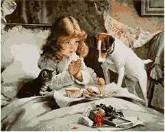

cioioil-T207 Dog cat and girl have breakfast together figure picture painting by numbers art canvas painting for home decor