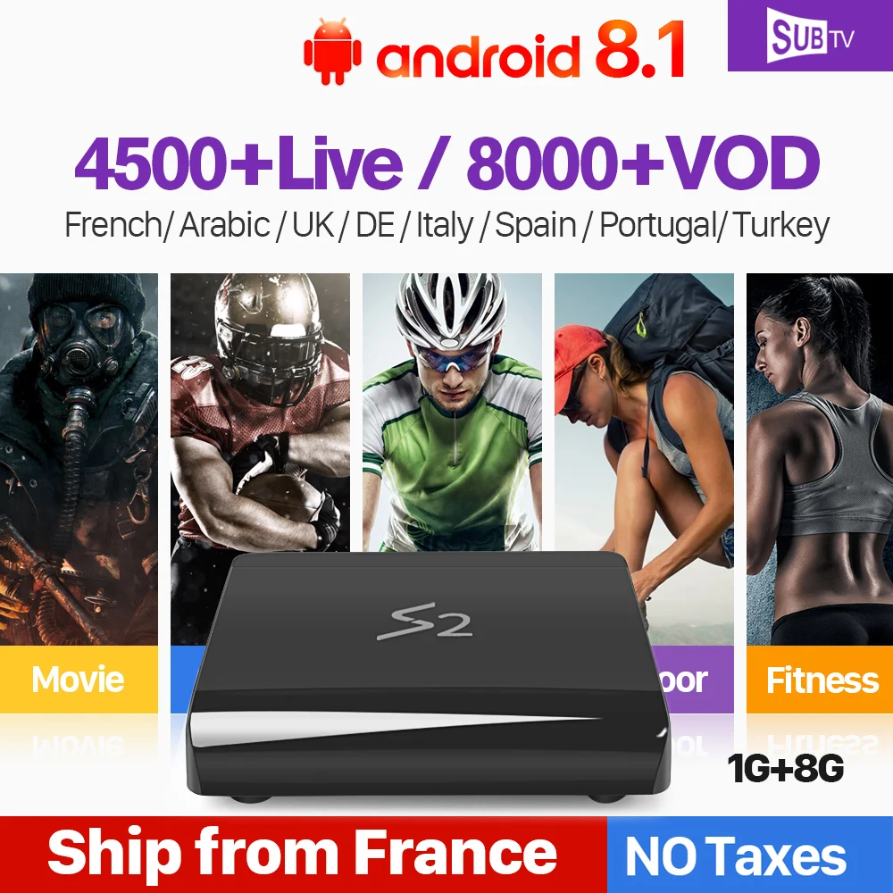 IPTV France Italy Arabic Netherlands S2 Android 8.1 1+8G SUBTV French Portugal Turkey Italian IPTV Subscription 1 Year IPTV Box 