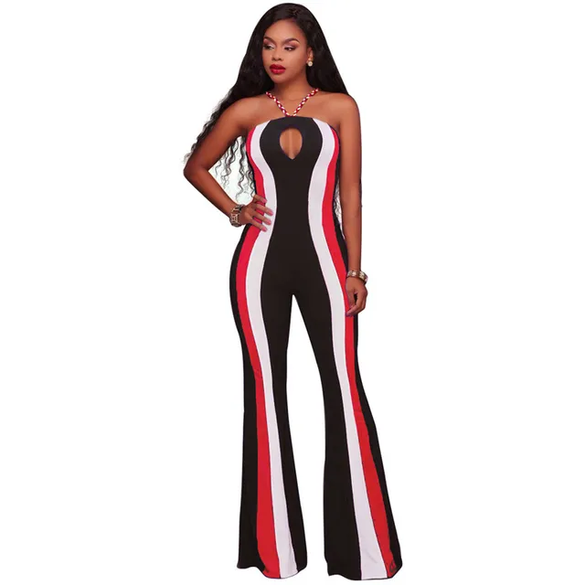 Fashion Vertical Striped Jumpsuit Women Sexy Strapless Slim Bodycon