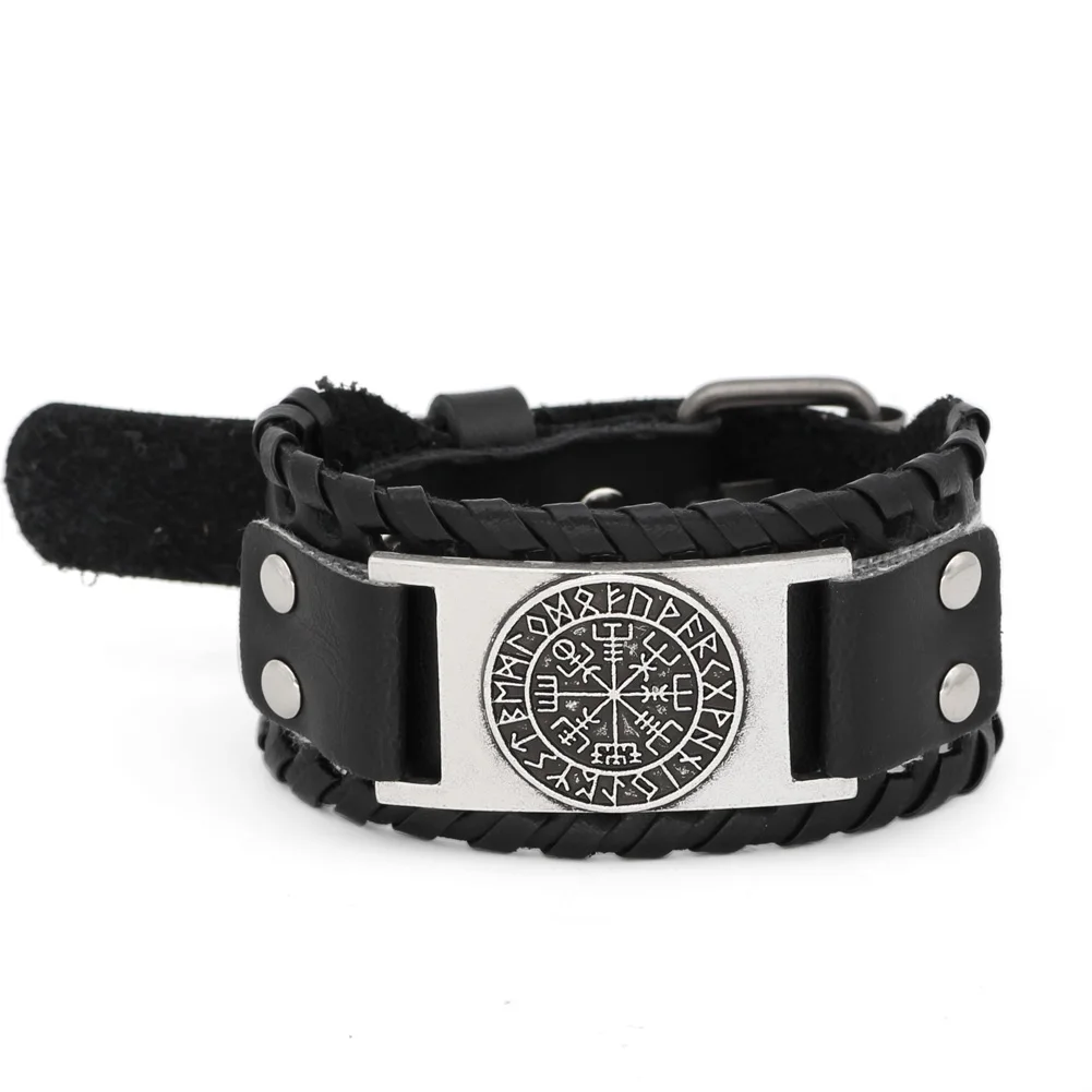 Nodic viking Vegvisir компас кожаный амулет символ Одина браслет регулируемый размер 19 25