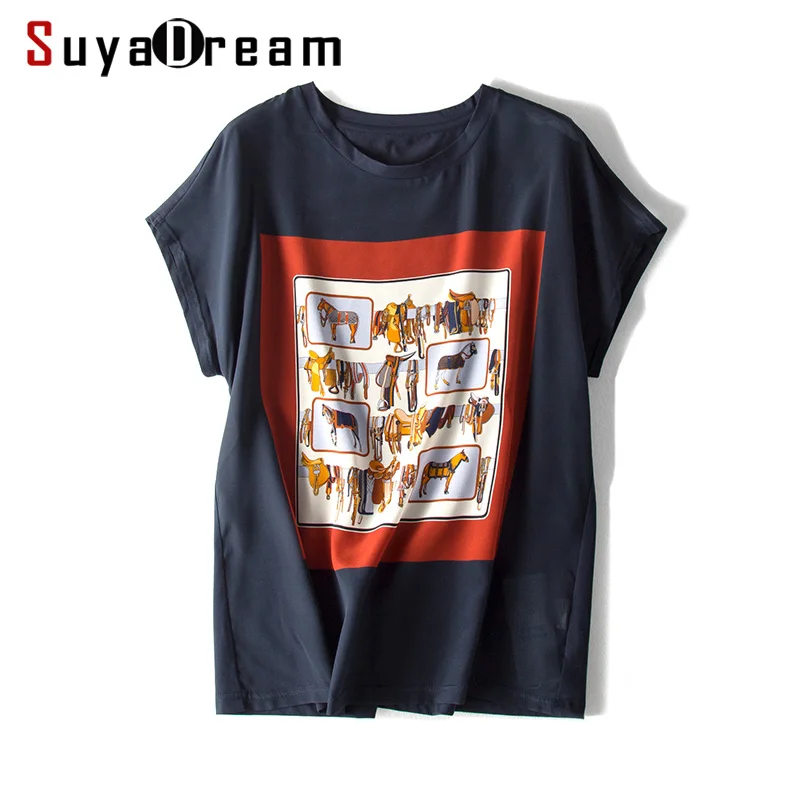 SUYADREAM Женская футболка из 100% натурального шелка с коротким рукавом «летучая мышь», Повседневная футболка с круглым вырезом, 2020, весенне-летн... SUYADREAM Женская футболка из 100% натурального шелка с коротким рукавом «летучая мышь», Повседневная футболка с круглым вырезом, 2020, весенне-летн...
