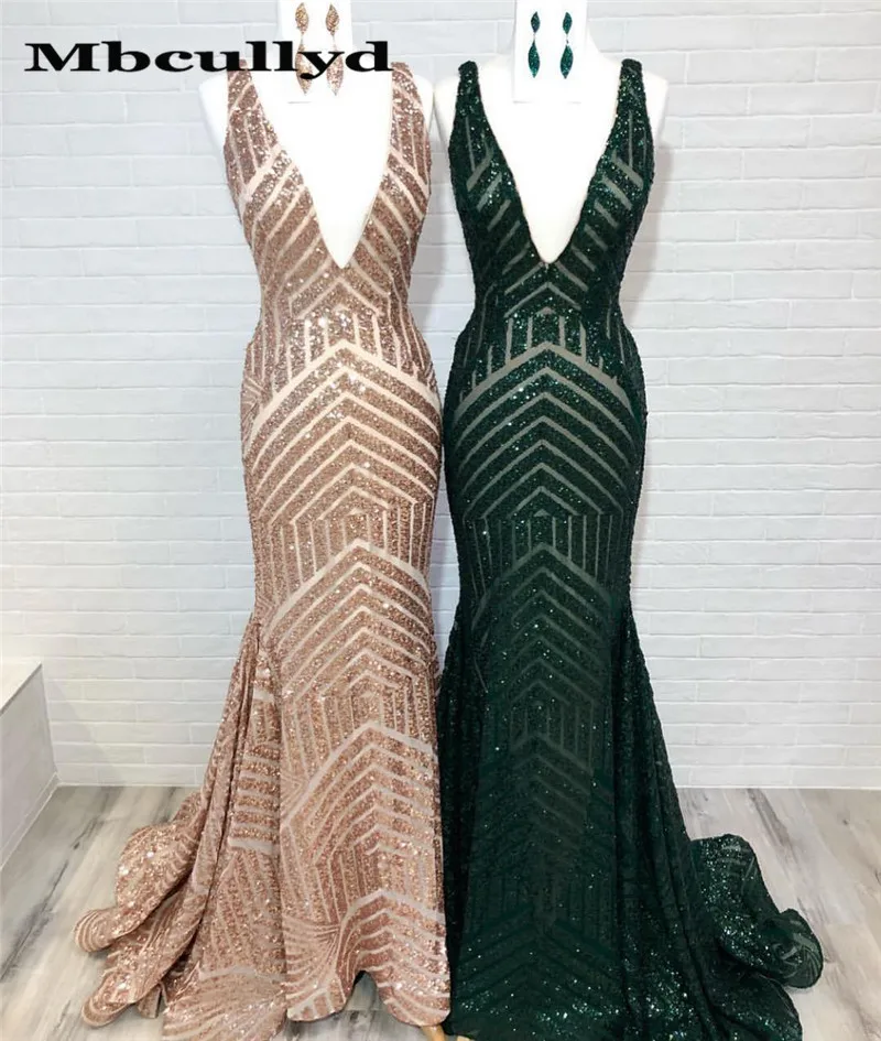 Mbcully Gold Sequins Mermaid Prom Dresses 2020 Sexy V-neck African Black Girls Graduation Party Gowns Long robe de soiree | Свадьбы и