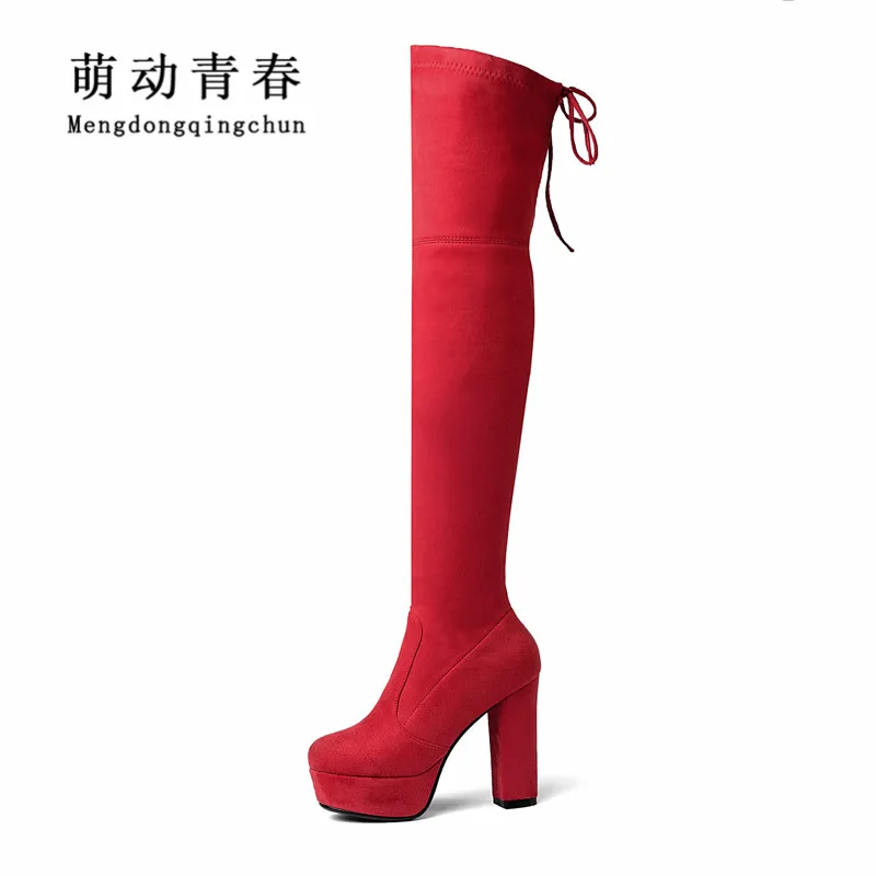 Plus Size Women Autumn Spring Boots 2018 Round Toe Slip on High Heels ...