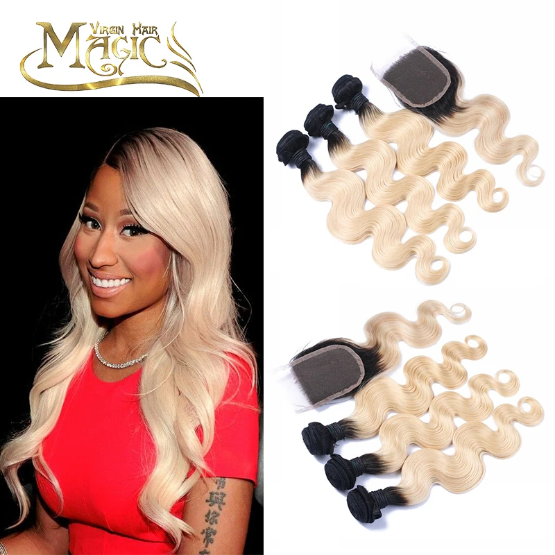 

Free Shipping Brazilian Virgin Hair Body Wave Dark Roots 1B/613 Blonde Ombre Human Hair Weave 3 Bundles With Lace Closure