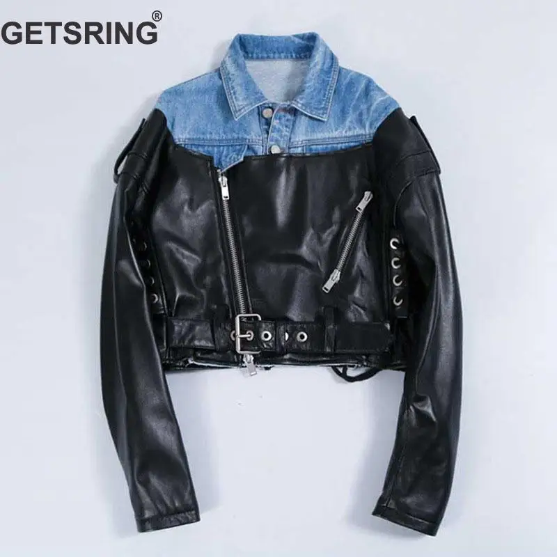 

GETSRING Women Jacket Denim Spliced PU Leather Women Coat Long Sleeve High Waist Short Outerwear Loose Leisure Female Jackets