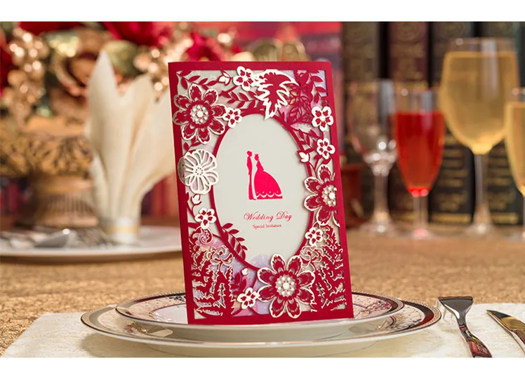 Роскошный 1 комплект Свадебные украшения поставки Китай Белый Красный Лазерная резка свадебные приглашения Элегантное Свадебное приглашение карты - Цвет: Красный