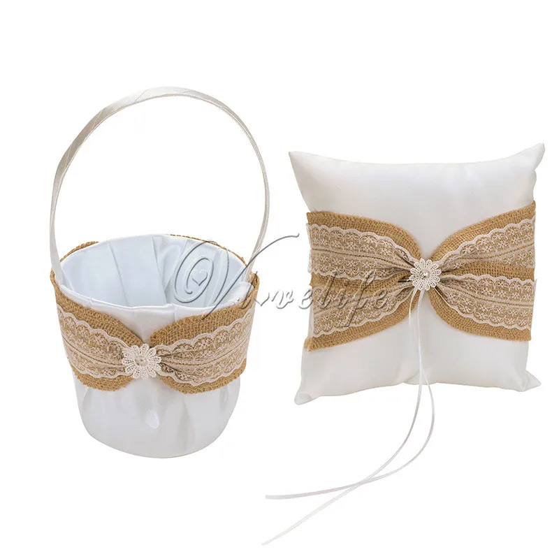 2pcs Set Burlap Wedding Ring Pillow Flower Basket Wedding Supplie