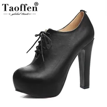 TAOFFEN Plus Size 34-48 Women Pumps High Heel Shoes Lace Up PU Leather Shoes Women Platforms Autmun Party Shoes Prom Footwear plus size 34 40 fashion lace wedding shoes white for women handmade bridal shoe comfortable heel platforms brides shoes