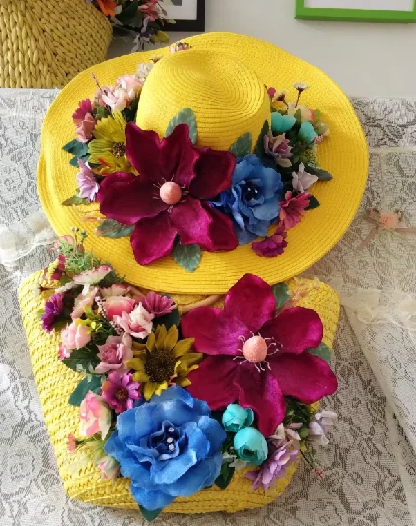 

Retrospective large flower straw hat straw bag handbag anti-sun holiday gift travel photo straw hat girl suit flower art