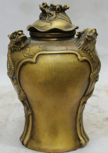 

B0601 free shipping 9" Marked China Chinese Dynasty Palace Copper Dragon Beast Coverd Pot Jar Crock statue