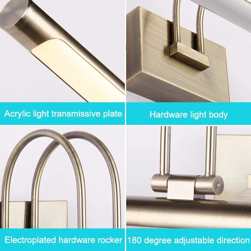 جديد الرجعية مرآة ضوء البرونزية جدار مصباح إضاءات جدران ضد الماء للمنزل مرآة حمام ليد مصباح قابل للتعديل الغرور ضوء ZJQ0002