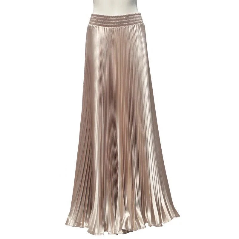 

Womens Skirt 2019 Summer New Arrival Designer Elegant Ladies Elastic Waist Pleated Beach Maxi Skirt Gold Sequined Skirts Female