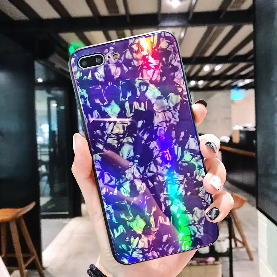 Luxury laser Tempered Glass aurora Colorful TPU case for iphone 7 plus 8 6/6s Scratchproof X cover |