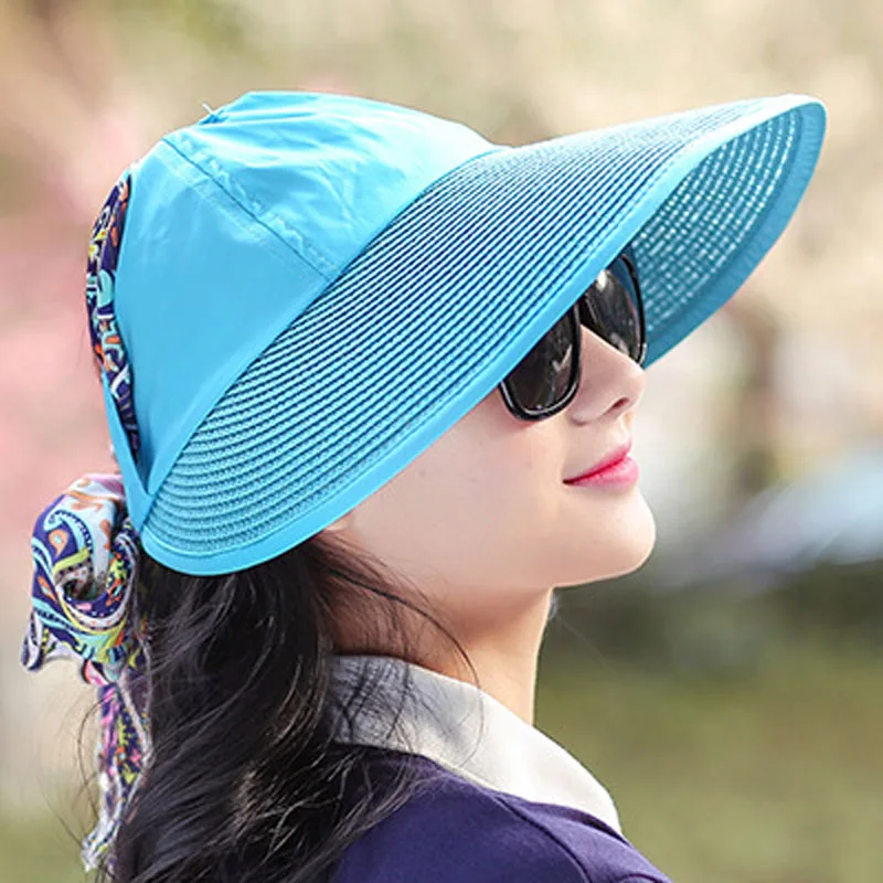 

Fashion Face Protection Sun Hat Summer Foldable Hats For Women Anti-UV Wide Big Brim with Ribbon Women Beach Hat F0129