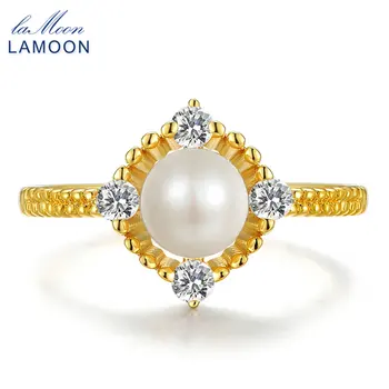 

LAMOON- 6.5mm 100% Natural Freshwater Pearl Ring 925 Sterling Silver Jewelry Romantic Wedding Band LMRI028