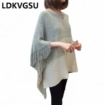 

2018 New Spring Autumn Women Knitted Sweater Fashion Tassel Bat Pullover Knitwear Loose Casual Shawl Cape Coat Is1015