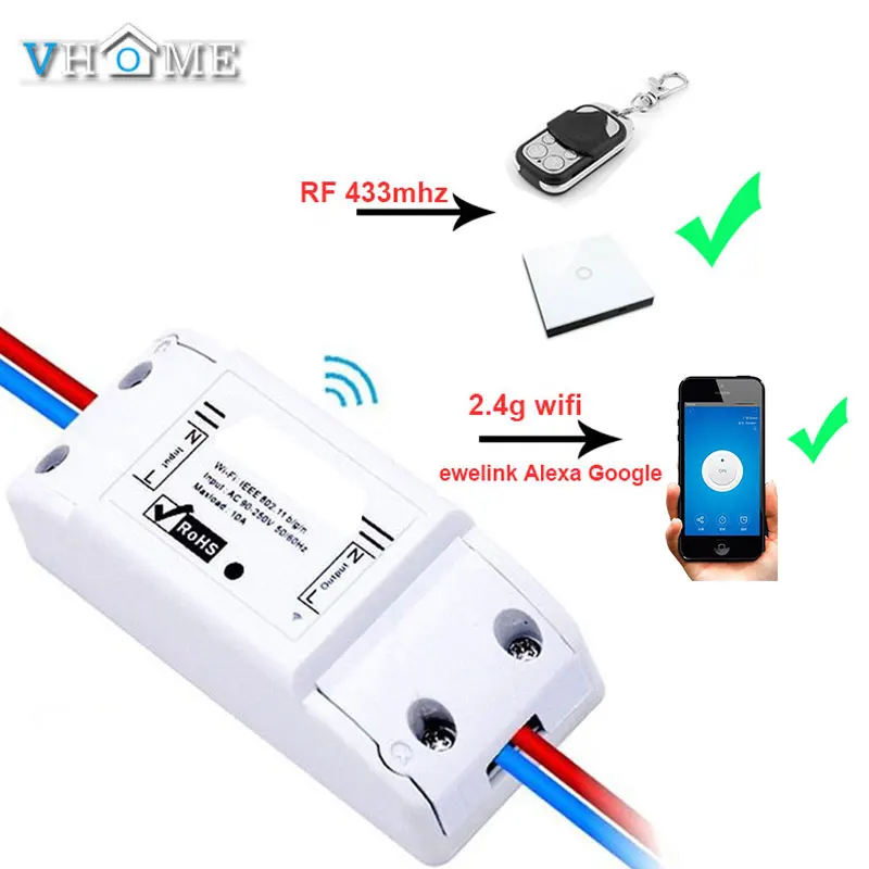 

Ewelink App Universal Wireless Remote Switch ,2.4wifi+rf 433mhz Relay Receiver Alexa 10A AC 90-250V Receiver For Smart Vhome