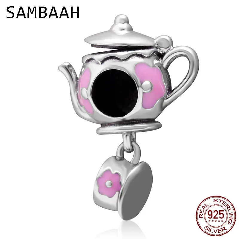 

Sambaah Teapot and Teacup Charm with Pink Enamel 925 Antique Sterling Silver Teakettle Beads fit Pandora Style Bracelet CWS0120