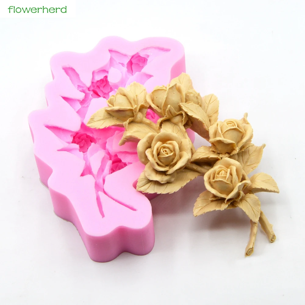 3D букет роз, ароматическая форма для мыла, инструменты для украшения торта, силиконовая форма для свадебной помадки, форма для торта, Роза с листьями, форма для жидкости