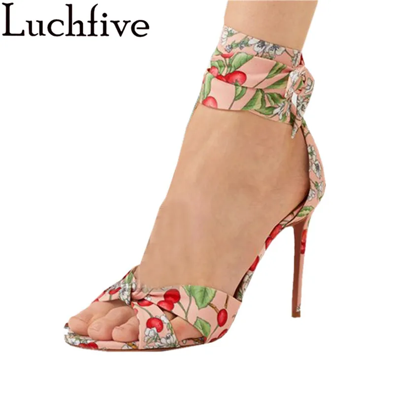 

Printing Thin High Heel Sandals Women Fashion Cross Bands Butterfly-knot sandalias Lace-up Summer Shoes Woman zapatos mujer 2019