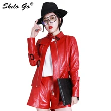 Шило GO кожаная куртка Женская Весенняя мода Овчина натуральная кожа пальто стоячий воротник молния оборки плечо Прямые куртки
