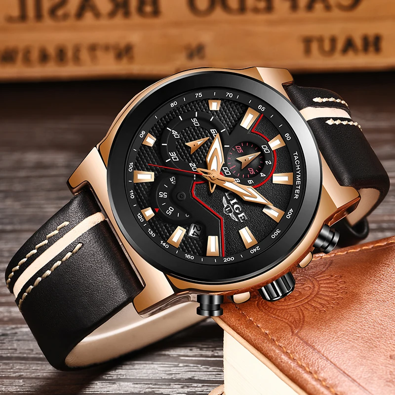 

Reloje LIGE Brand Men's Chronograph Analog Quartz Watch with Date Luminous Hands Waterproof Leather Strap Wristswatch for Man