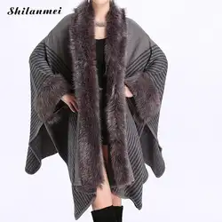 Элегантные женские искусственный мех вязаная шаль пончо мода осень зима рукав реглан искусственный мех верхняя одежда для вечерние