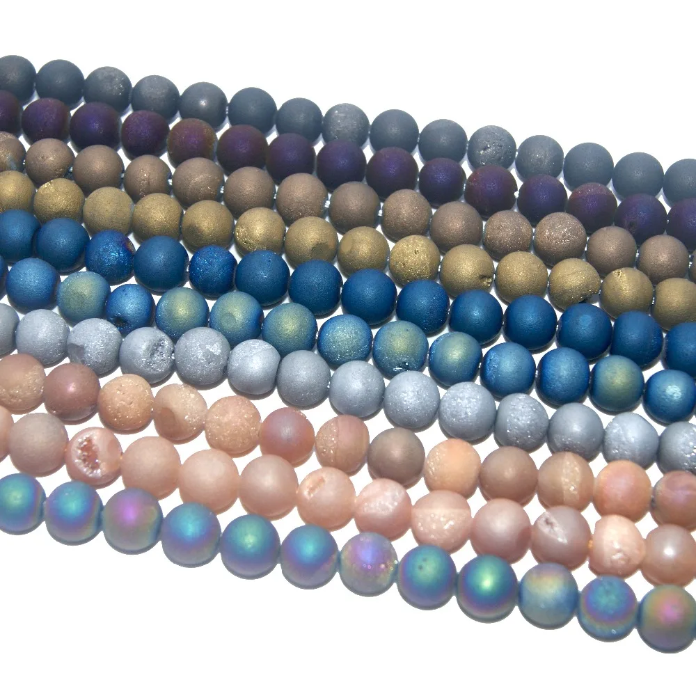 

Wholesale Natural Stone Metallic Titanium Coated Natural Druzy Quartz Agates Beads For Jewelry Making DIY Bracelet 6/8/10/12 MM