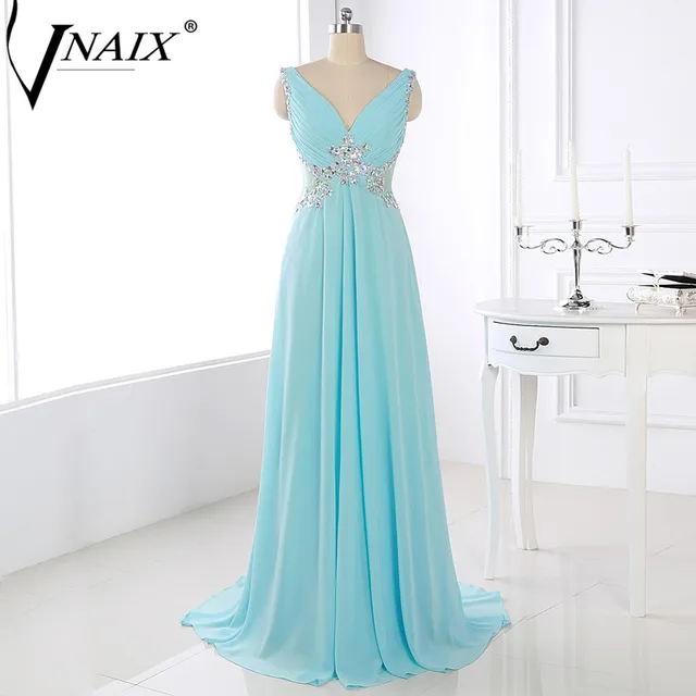 Vnaix P1178 New Double V Neck Crystal Turquoise Long Formal Prom Dress ...