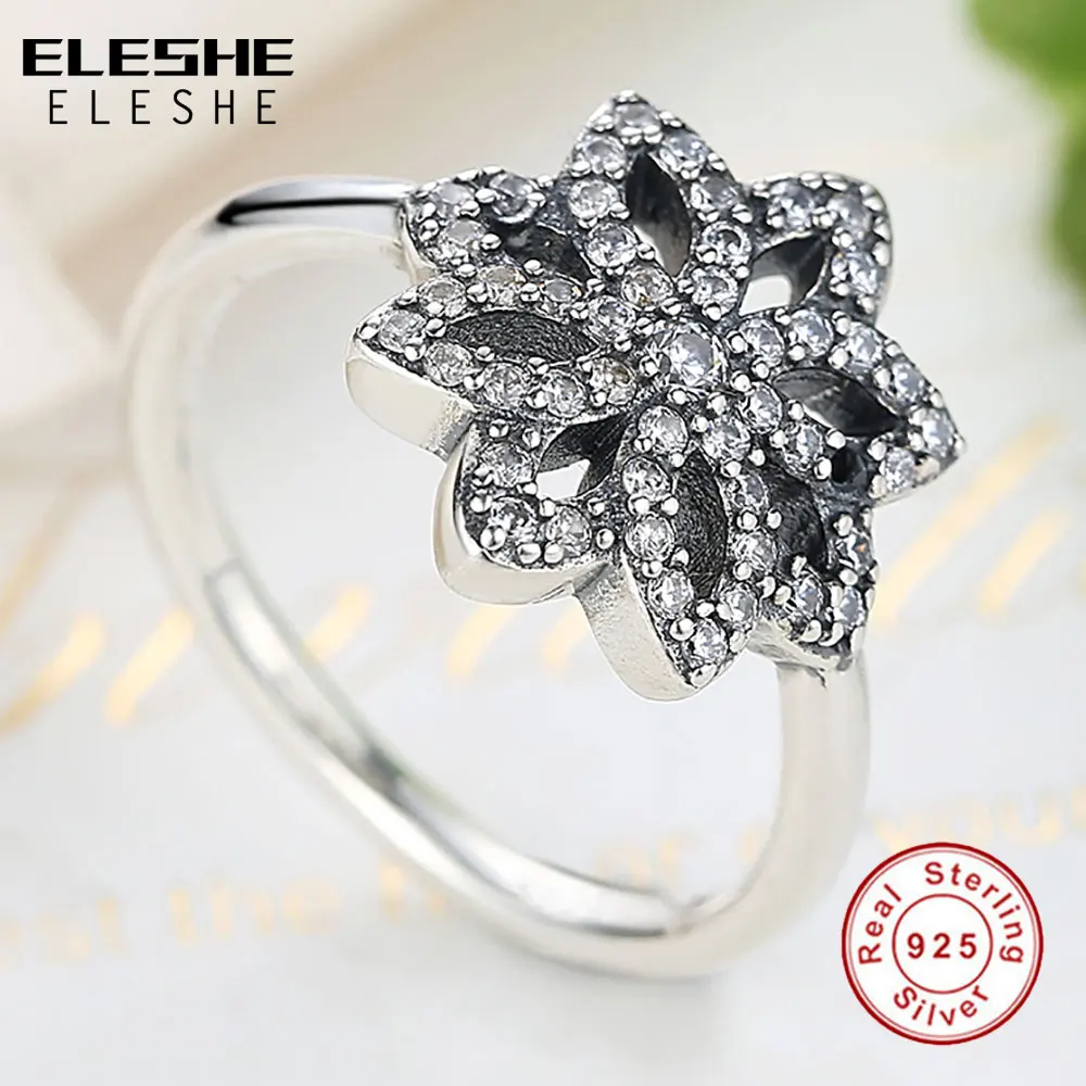 ELESHE 100% 925 Sterling Silver Snowflake Flower Finger Rings with Clear CZ for Women Wedding Anniversary Original Jewelry Gift