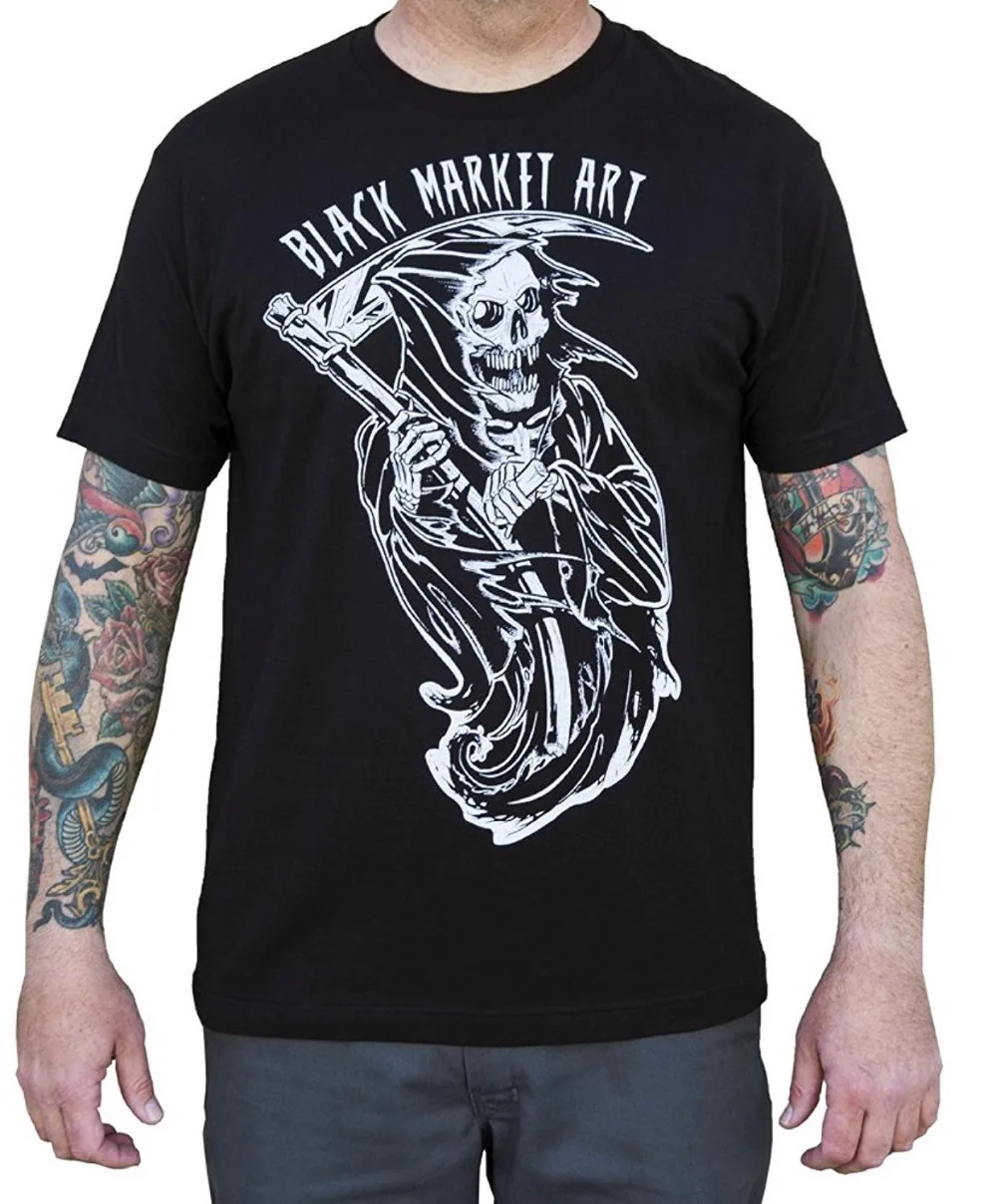 Custom T Shirts Online Crew Neck Short-Sleeve Graphic Black Market Art Men's Reaper by 2 Cents Grim Skeleton & Sickle Tattoo