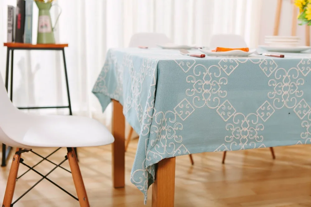 Embroidered Rectangular Tablecloths Cotton Blue Table Cover For Home